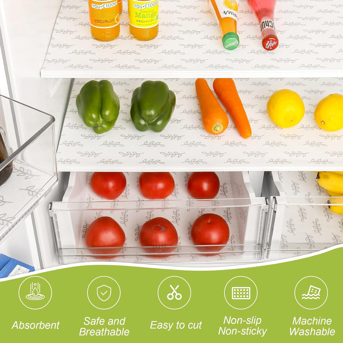 Cooyes Refrigerator Drawer Liners, Premium Absorbent Fridge bin Liners Non-Slip Washable, 12" x 24"