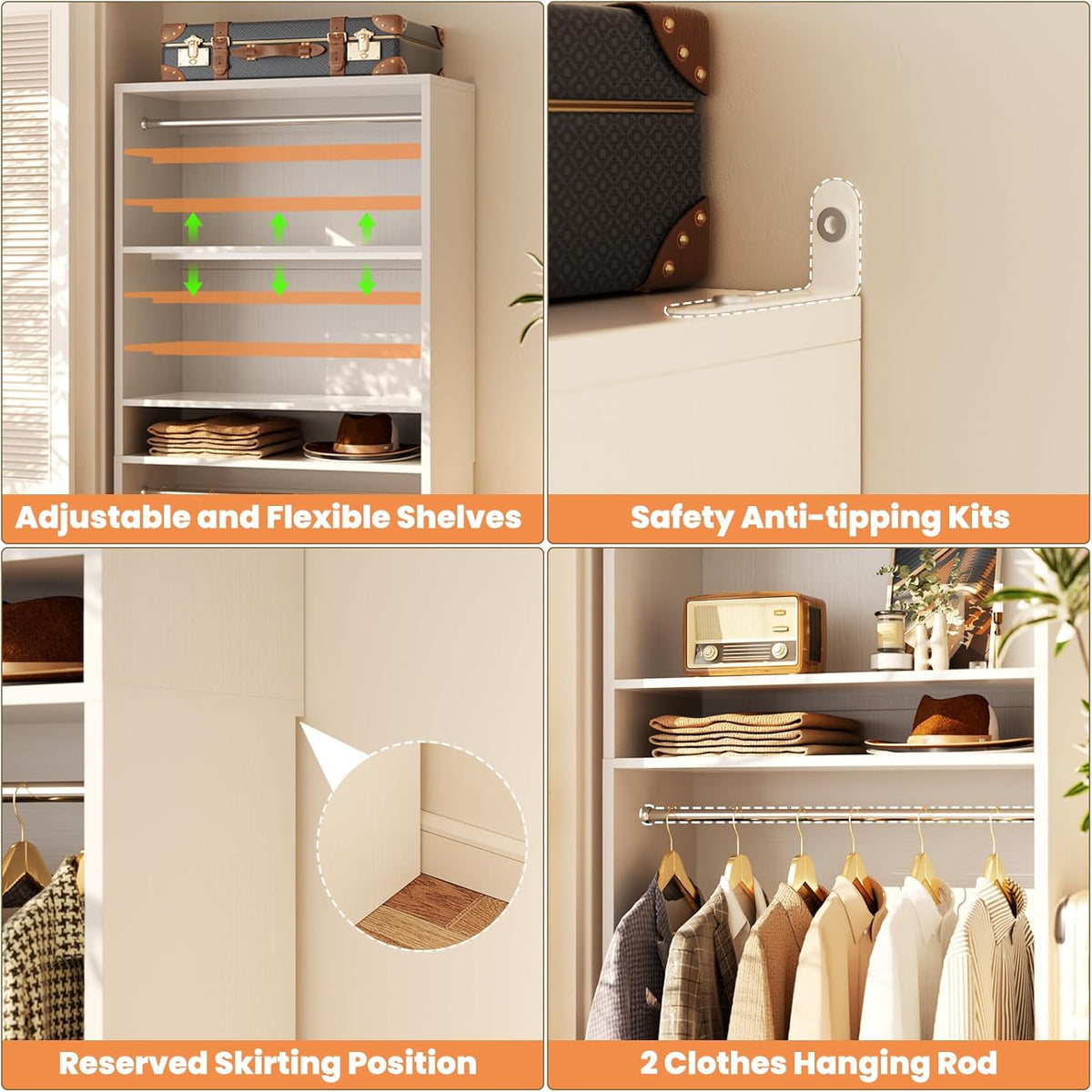 Unikito 3FT Freestanding Closet System with 2 Hanging Rods & Adjustable Shelve, 36'' Wood Closet
