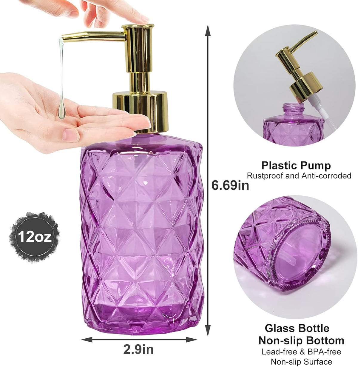 Glass Soap Dispenser with Gold Plastic Pump, 12oz Refillable Liquid Hand Soap Dispenser, Crystal