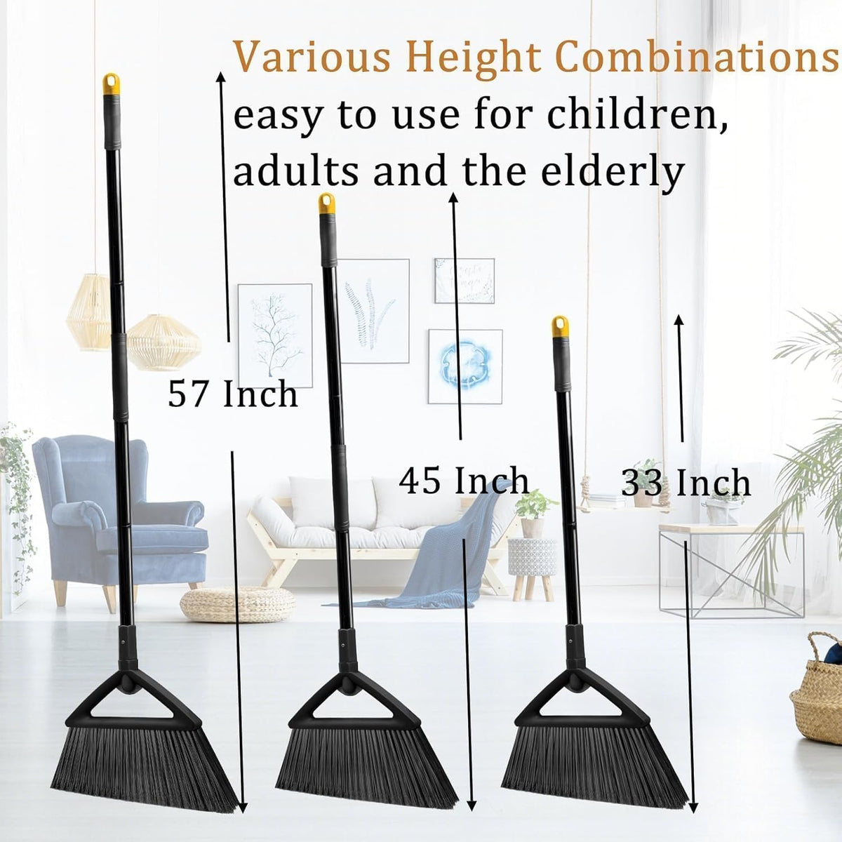2PCS Heavy Duty Angle Broom, Long Pole Brooms for Indoor, Outdoor Sweeping, Kitchen to Courtyard