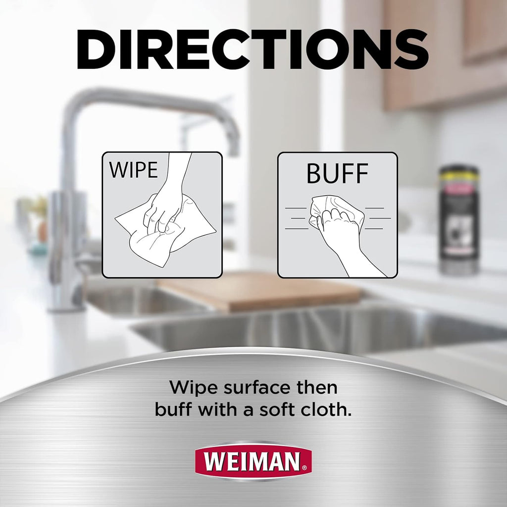 Weiman Stainless Steel Cleaner, 30 Count Cleaning Wipes, Removes Dirt, Grime, and Grease, No