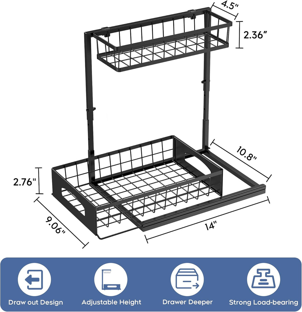 Under Sink Organizer, 2 Pack Height Adjustable Cabinet Organizer with Slide Out Drawer, Pull Out