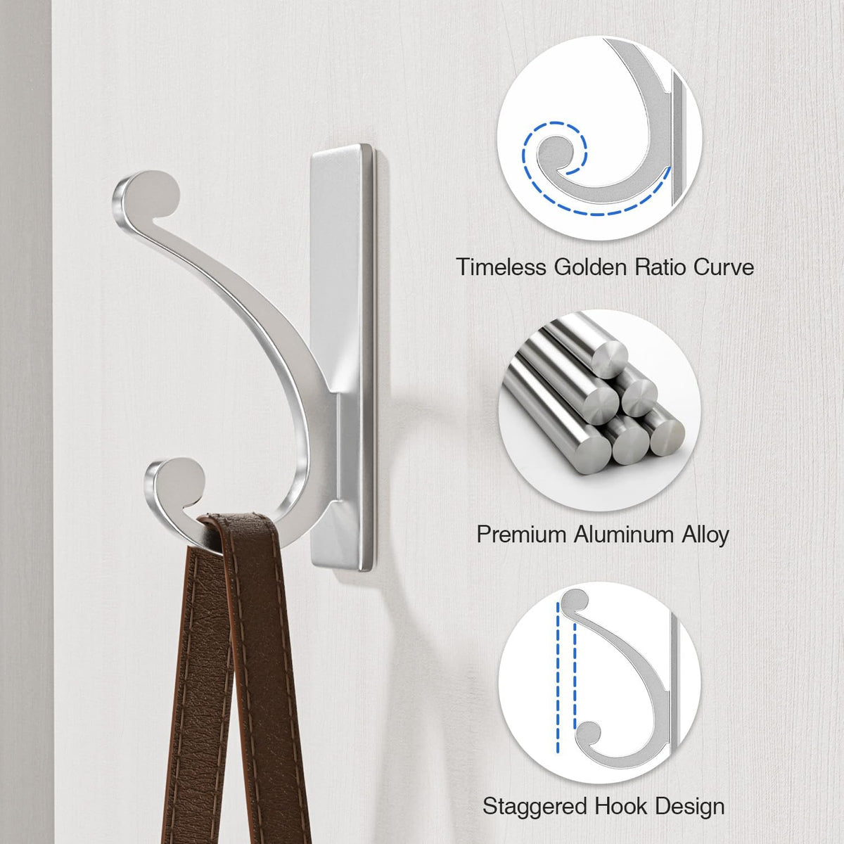 Adhesive Wall Hook for Towel/Coat - Extra Sticky 10LB Stainless, Stick on Hanger for Bath or