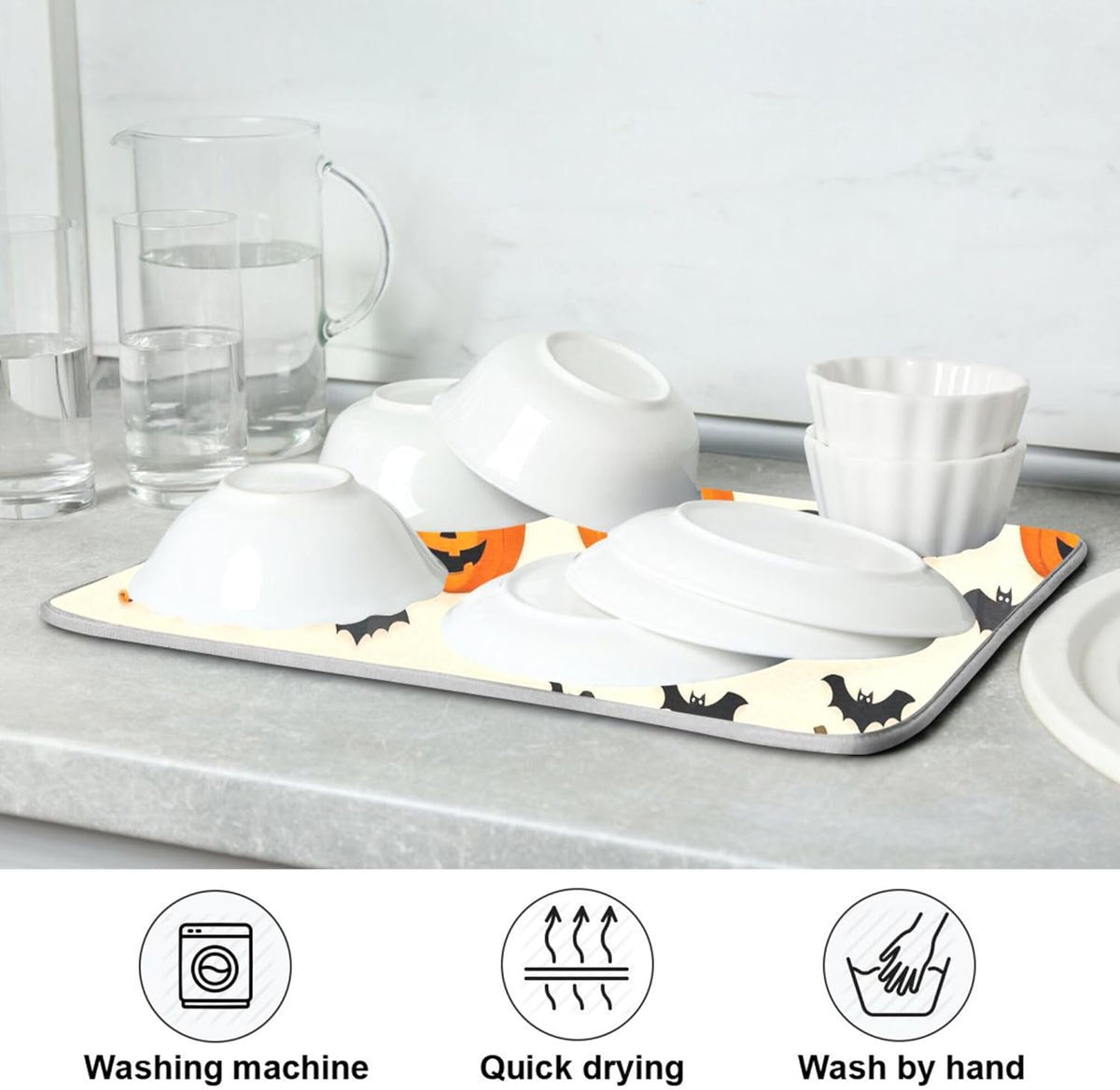 Halloween Black Bat Dish Drying Mat for Kitchen Countertop 18x24 Spooky Evil Pumpkin Lantern Large