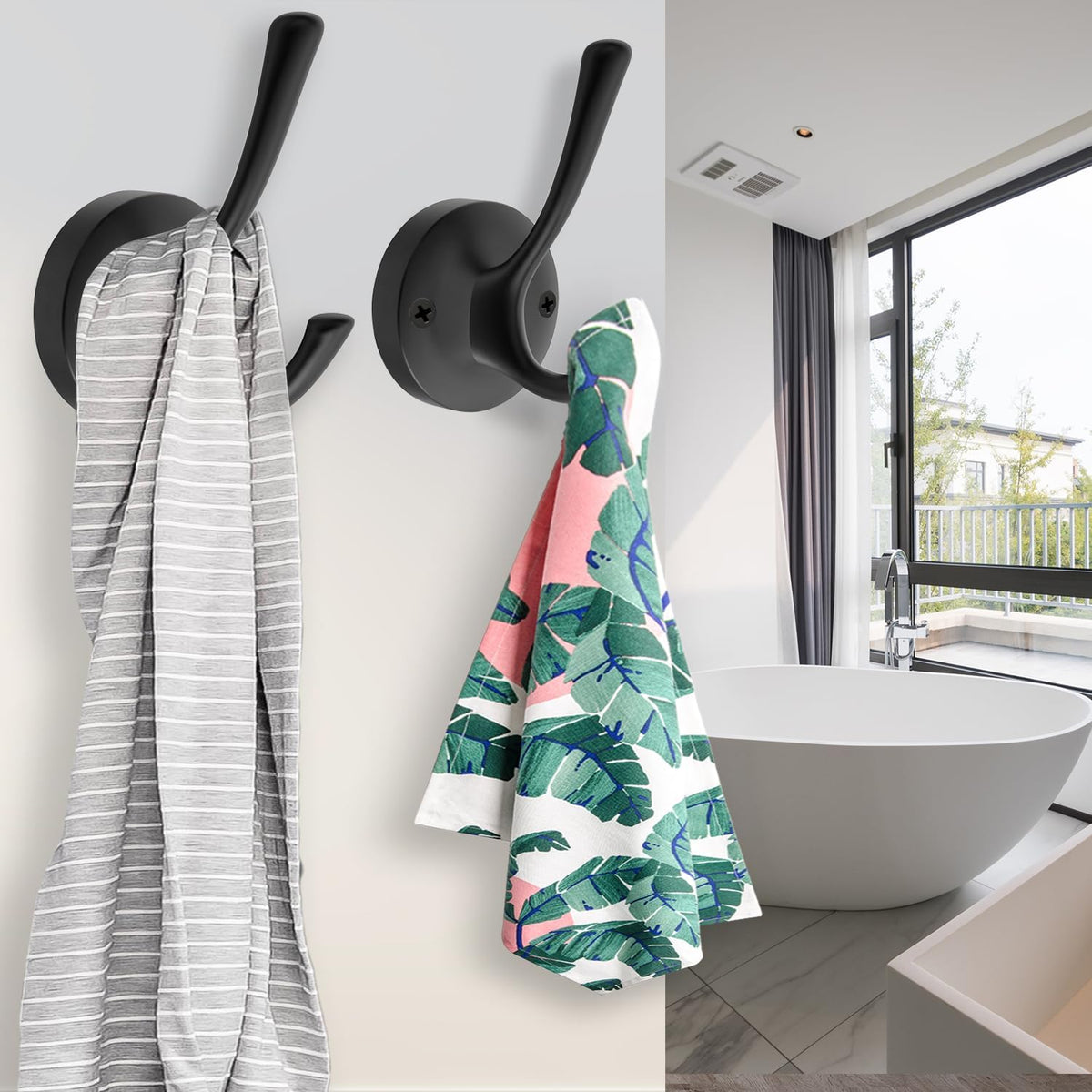 Black Wall Hooks Towel Hooks, 3 Pack Coat Hooks Robe Hook Heavy Duty Metal Double Bath Hook Wall