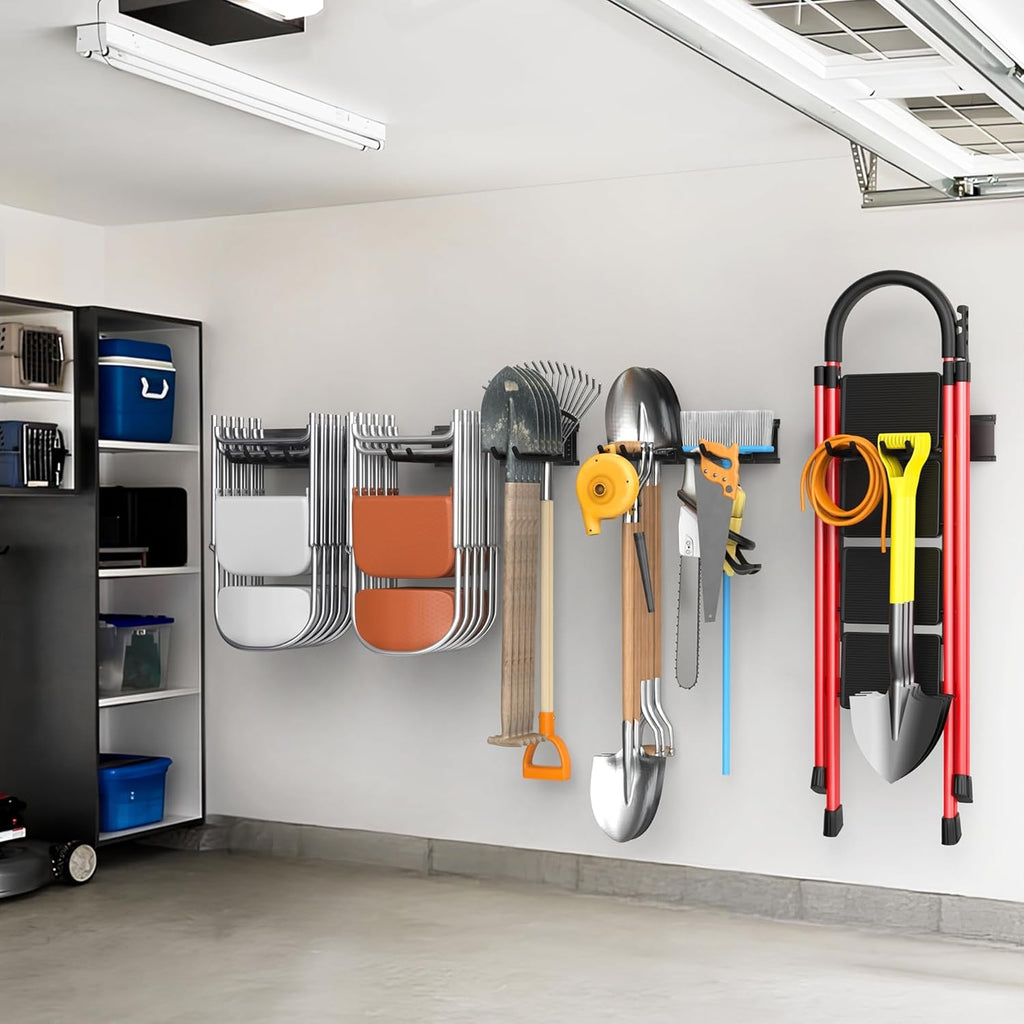 WALMANN Wall Mounted Garden Tool Organizer for Garage, Heavy Duty Folding Chair Storage Rack