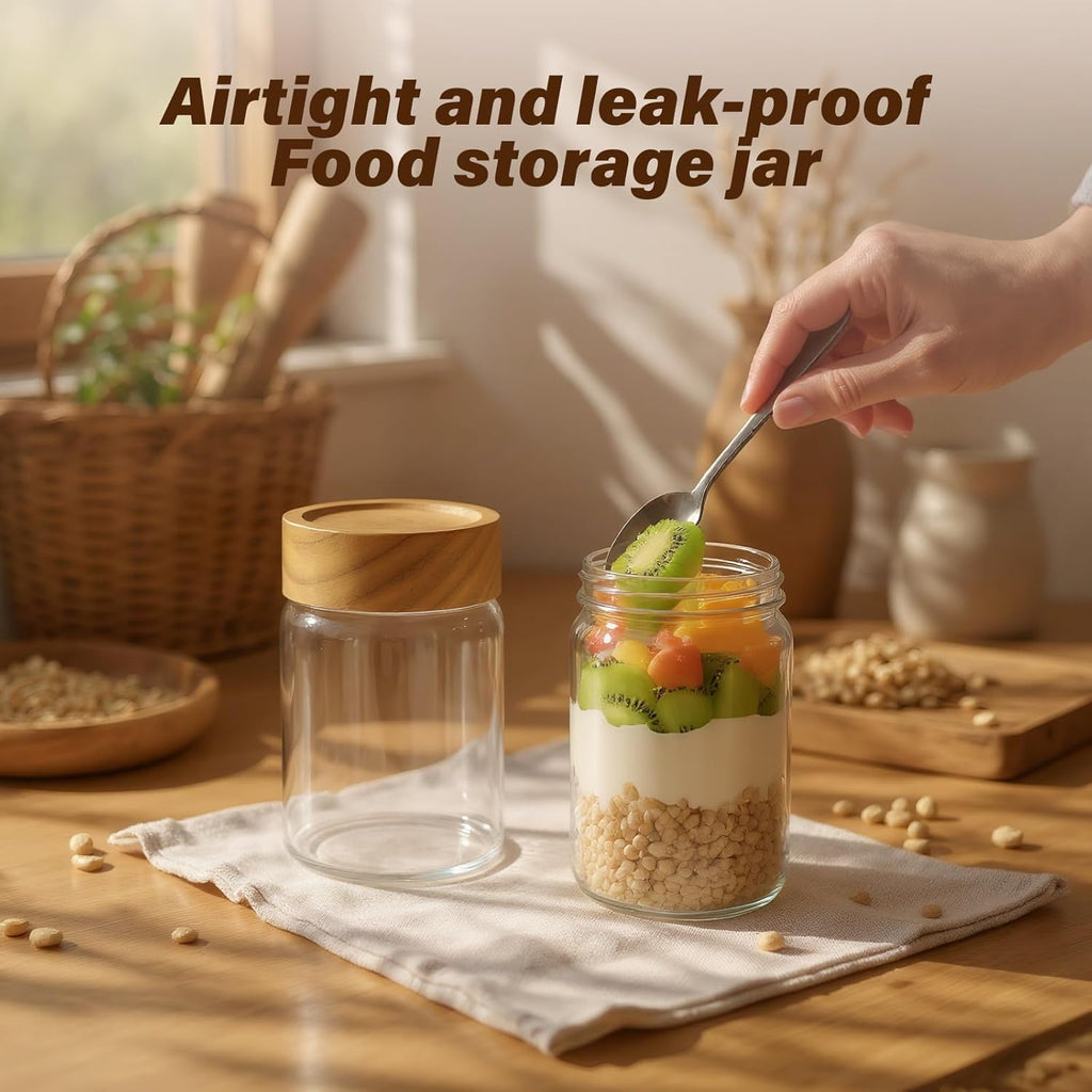 2pc Glass Mason Jars with Acacia Wood Airtight Lids - Overnight Oats & Food Storage Container Set