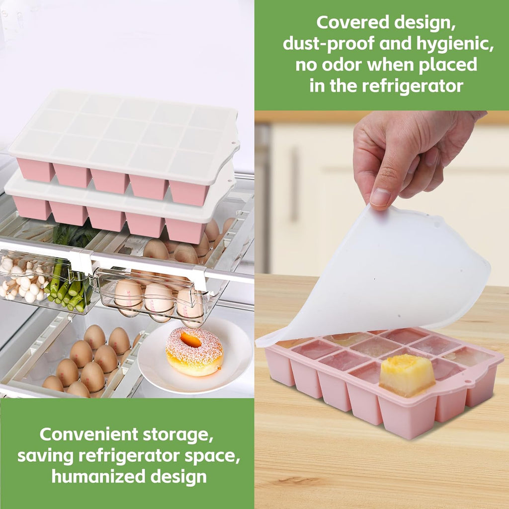 Silicone Ice Cube Tray, 2 Pack Easy-Release Stackable Ice Trays for Freezer with Lid 15 Reusable