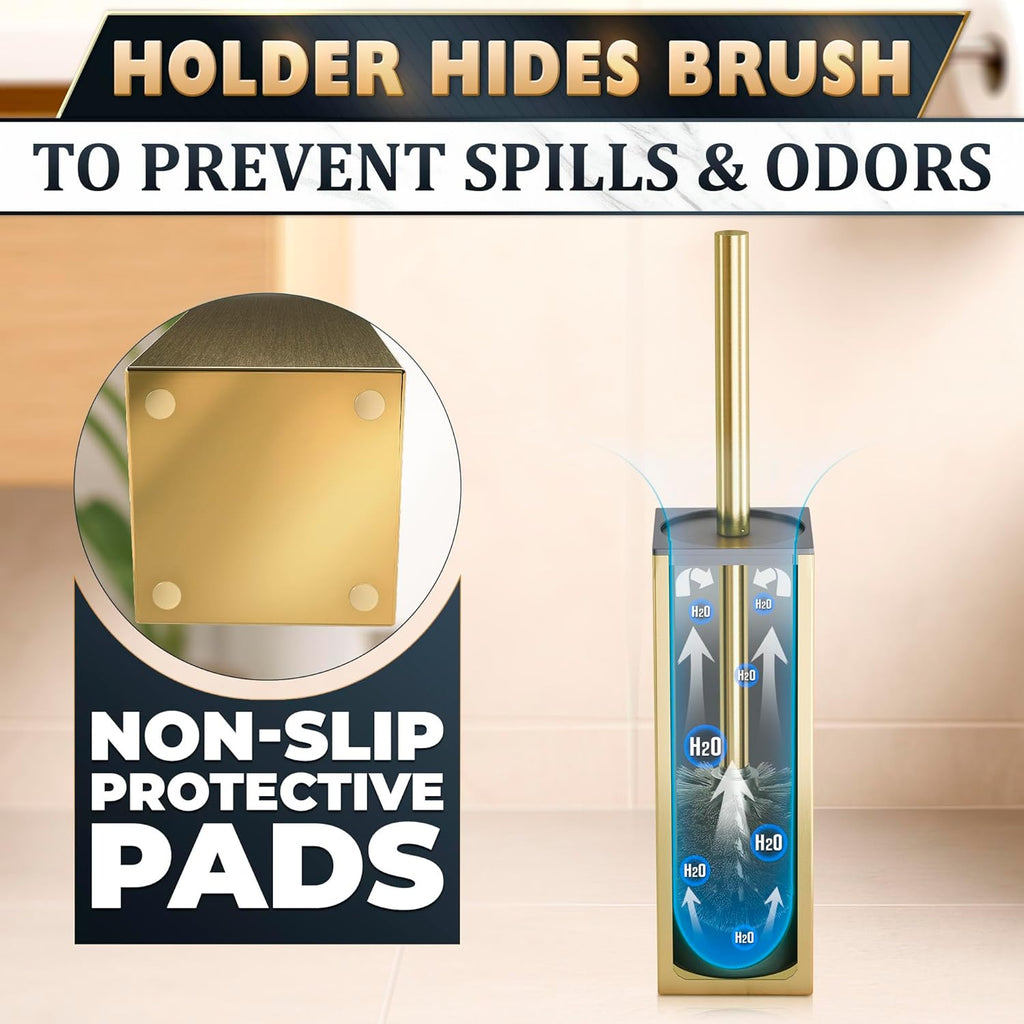 Stainless Steel Toilet Brush and Holder Set Gold & Square Design - Corrosion and Scratch-Resistant