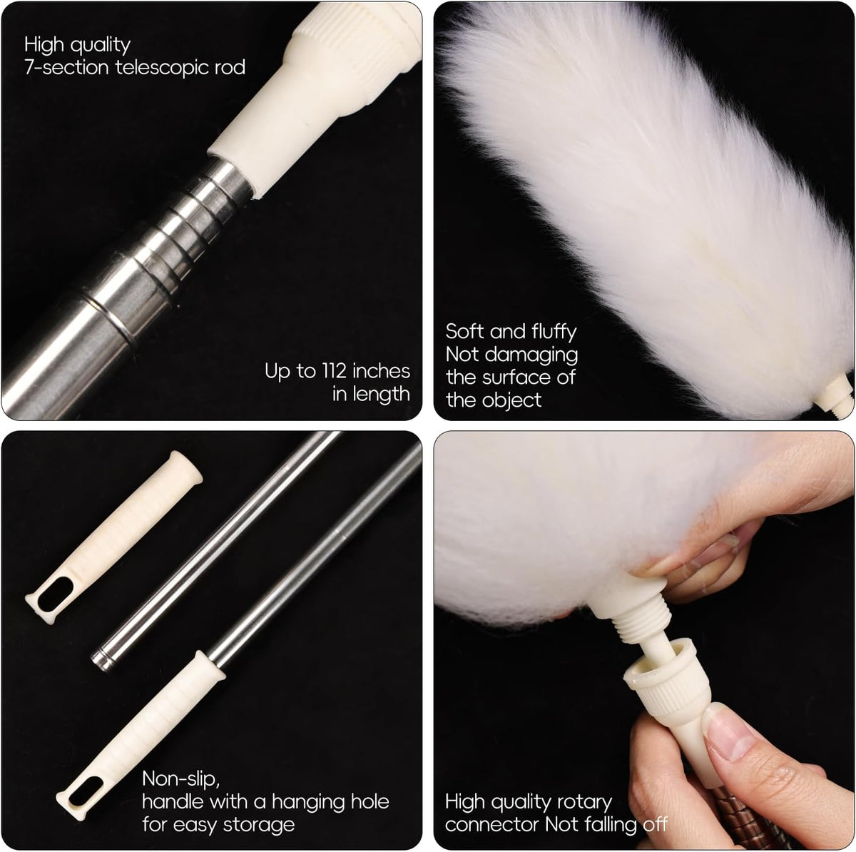 Extendable Lambswool Duster 29-110 Inch,Anti-Static Flexible Head, Stainless Steel Pole for