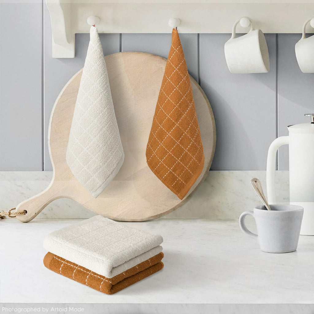 Artoid Mode Checkered Designed Cotton Beige Caramel Terry Kitchen Dish Cloths, 12x12 Inch Soft