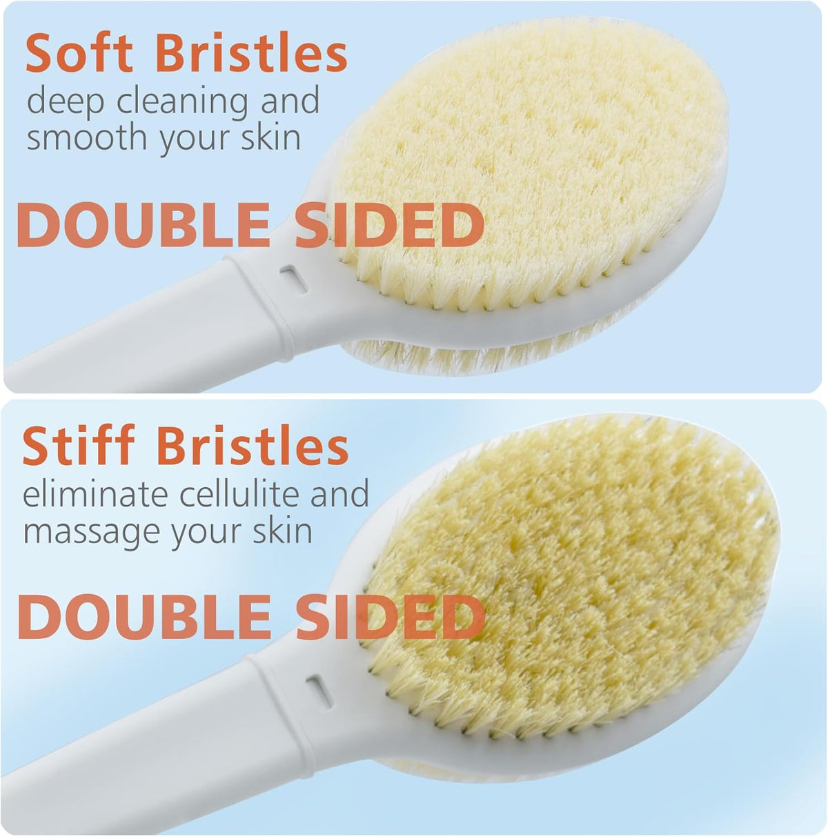 Shower Brush with Soft and Stiff Bristles,Long Handle Dual-Sided Back Scrubber Bath Brush Body