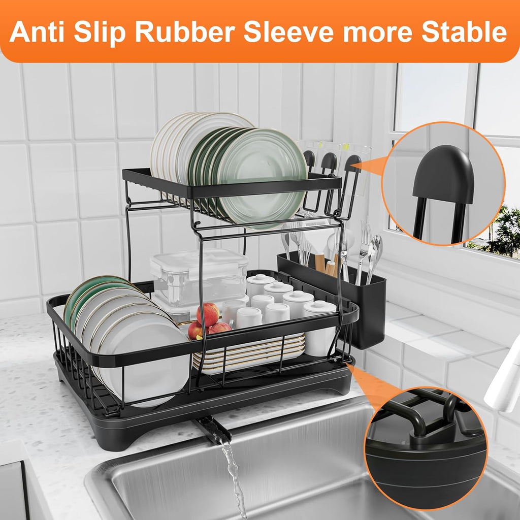 Dish Drying Rack Two-Tier Drying Rack with Utensil Holder, Auto-Draining Dish Rack for Kitchen