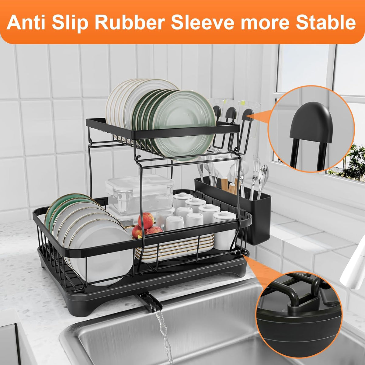 Dish Drying Rack Two-Tier Drying Rack with Utensil Holder, Auto-Draining Dish Rack for Kitchen