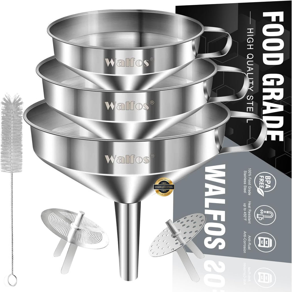 Stainless Steel Funnel, Walfos 3 Pack Kitchen Funnel with 2 Removable Strainer ＆ 1Pcs Cleaning