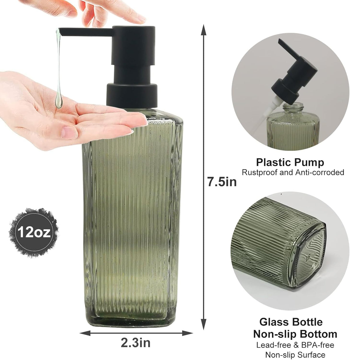 Green Glass Soap Dispenser with Black Pump, 12oz Refillable Liquid Hand Dispenser, Lotion Dish Soap