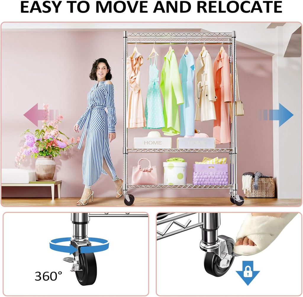 IZEUK 3 Tier Heavy Duty Rolling Garment Rack Wire Clothes Rack for Hanging Clothes, Metal
