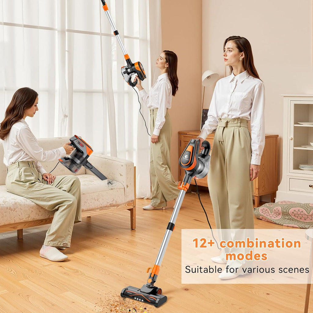 23Ft Corded Vacuum Cleaner, 600W Powerful Self-Standing Stick Vacuum for Home with 20Kpa Suction, 2