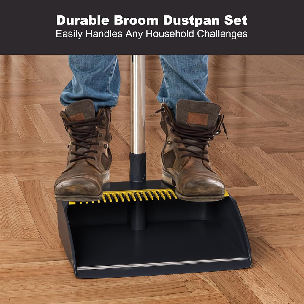 MOPUP Broom and Dustpan Set, 52 inch Long Adjustable Handle Broom with Dustpan Teeth to