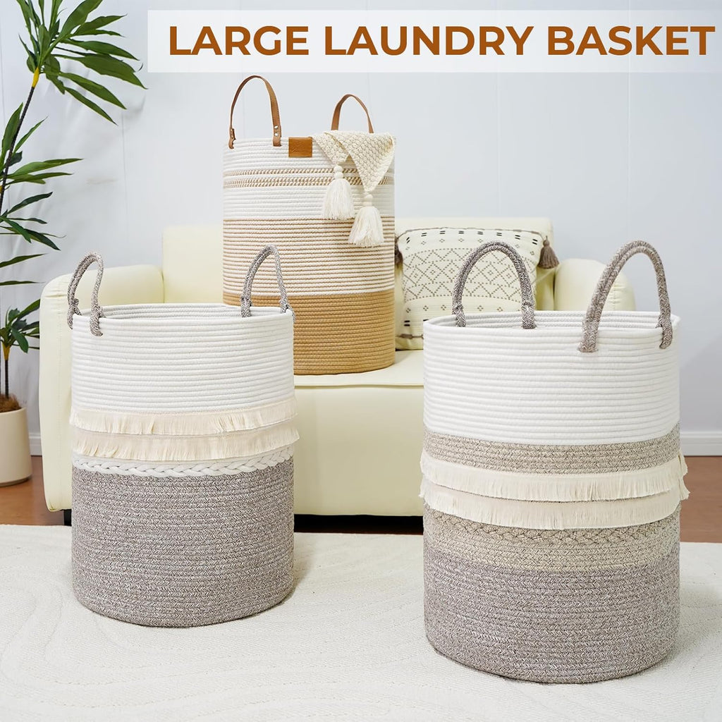 danpinera 79 L Large Laundry Basket, Tall Woven Cotton Storage Hamper with Handles, Dirty Clothes