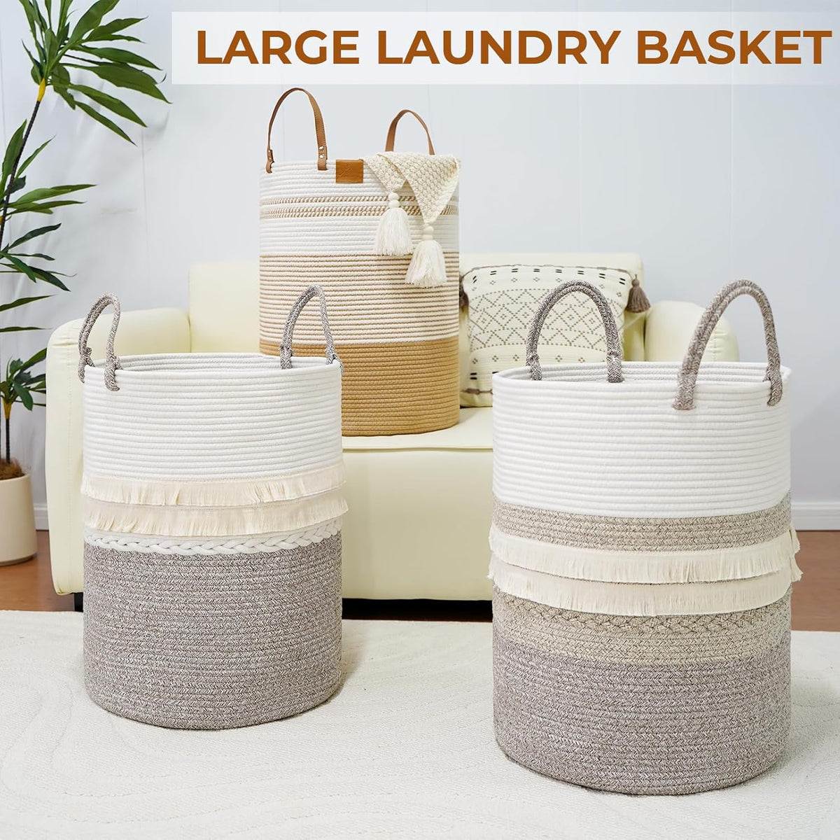 danpinera 79 L Large Laundry Basket, Tall Woven Cotton Storage Hamper with Handles, Dirty Clothes