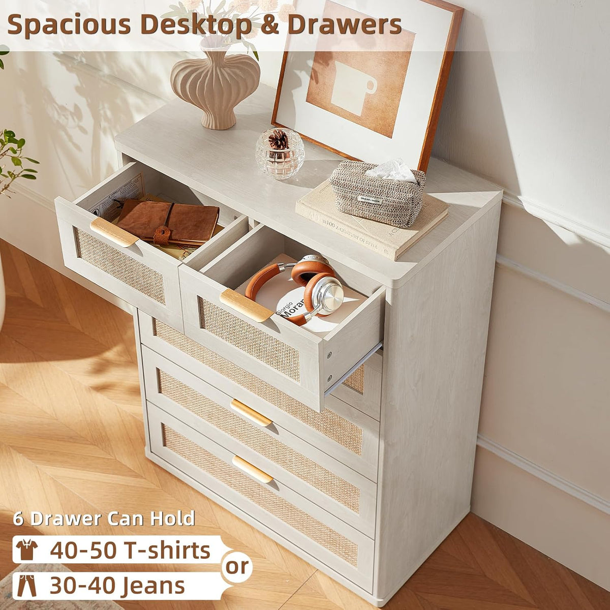 LEYAOYAO White Dresser for Bedroom Set of 2, 42" Tall Chest of Drawers, Modern 6 Drawers Boho