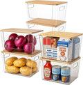 6 Pack Clear Stackable Storage Bins with Bamboo Lids, Plastic Storage Containers with Handle for
