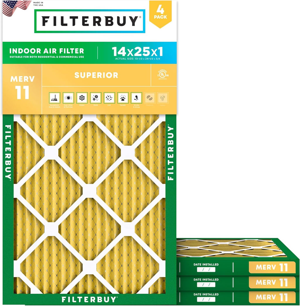 Filterbuy 14x25x1 Air Filter MERV 11 (MPR 1200) Allergen Defense Replacement (4-Pack)