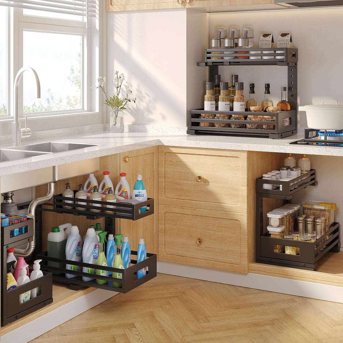 1-Pack Under Sink Organizers and Storage,2-Tier L Shape Pull Out Cabinet Organizer With Round Tube