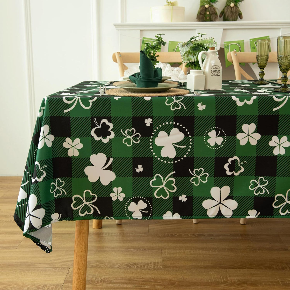 Saint Patricks Day Classic Buffalo Shamrock Tablecloth Fabric - Oblong 58x144 Inch Water Proof