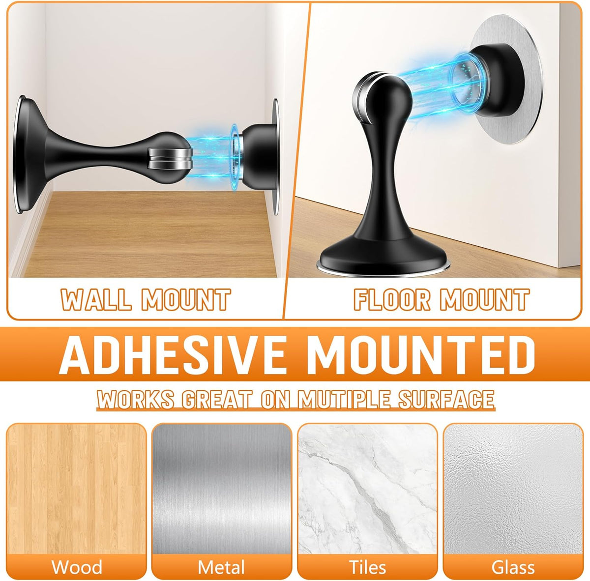 Crosize Magnetic Door Stoppers 4 Pack, Stainless Steel Door Catch for Wall and Floor Mounting, Door