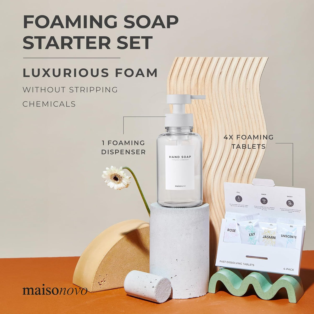 MaisoNovo 14 oz Clear Glass Foaming Soap Dispenser with White Pump + Mixed 4 Pack Foaming Hand Soap