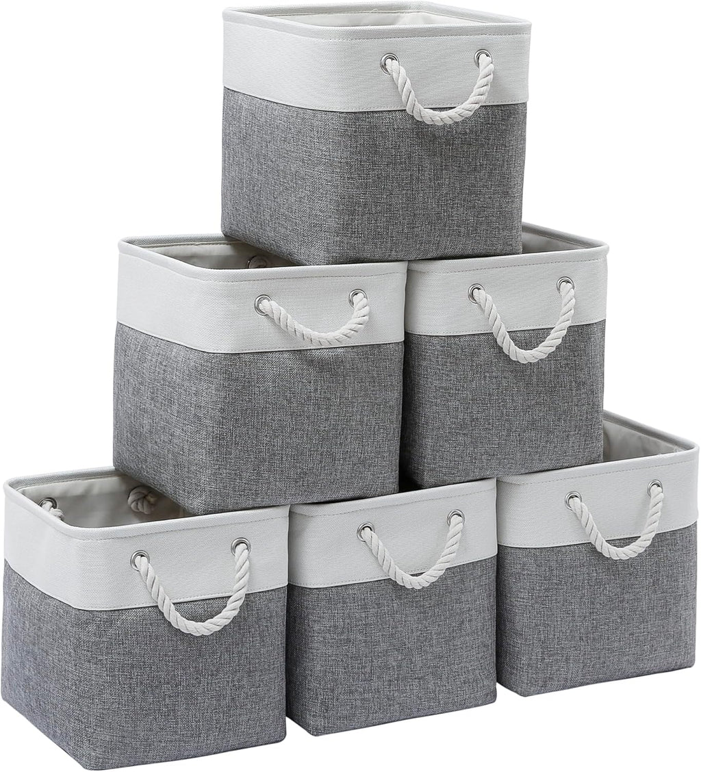 11 x 11 Inch Storage Cubes, 6 Pack Large Collapsible Fabric Storage Bin with Ropes, Foldable