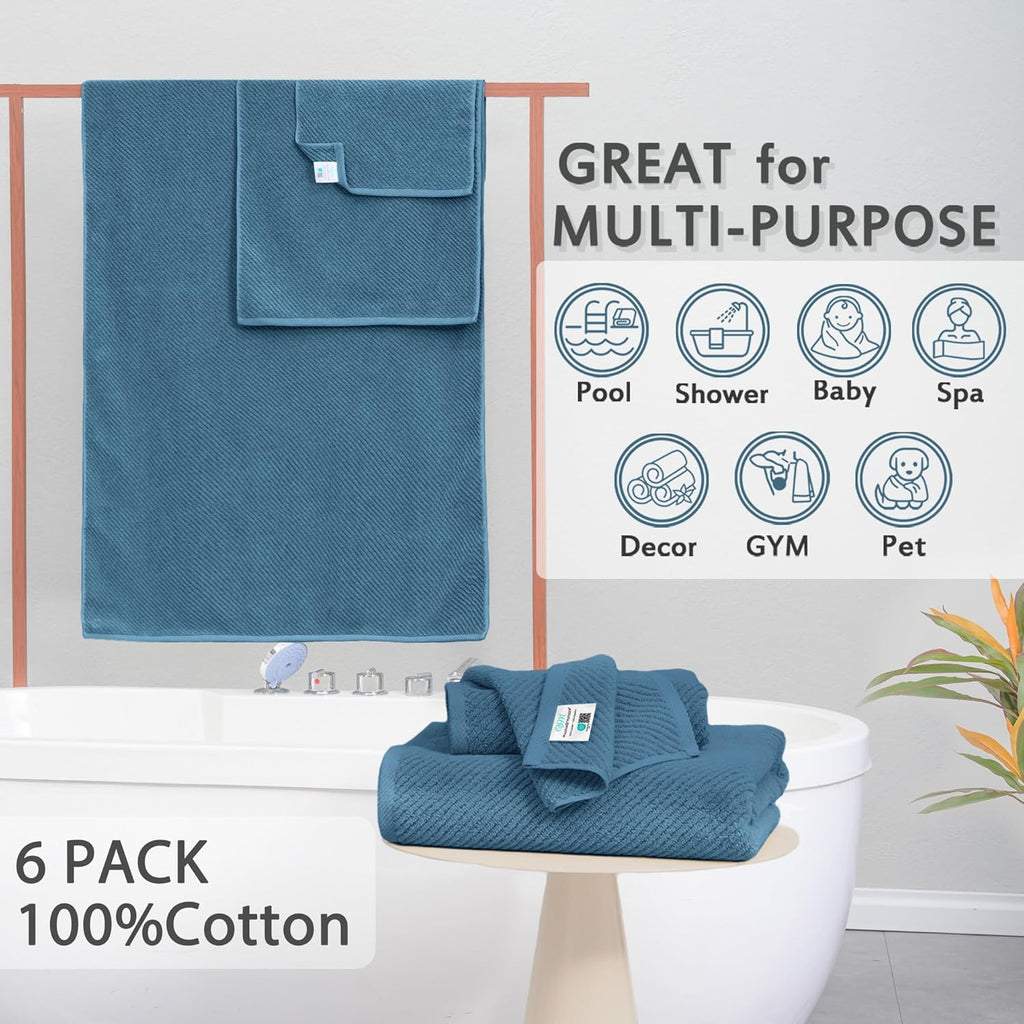 VOOVA & MOVAS Blue Towels Bathroom Sets, 100% Cotton | Lightweight | Soft | Quick Dry | Thick