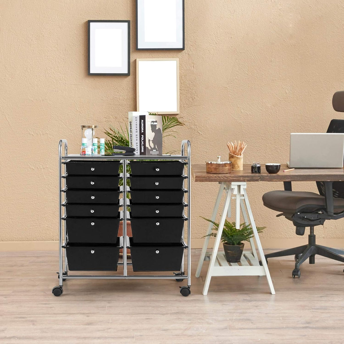 GOFLAME 12-Drawer Rolling Storage Cart, Multipurpose Organizer Cart with 2 Sizes Plastic Drawers