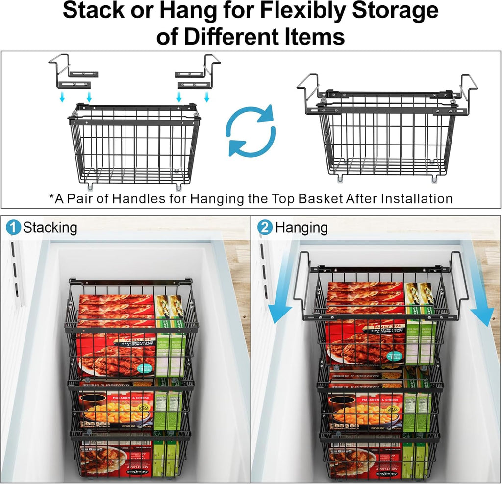 iSPECLE Freezer Organizer Bins - 2 Pcs Hanging Baskets for Deep Freezer, Adjustable Wider & Deeper