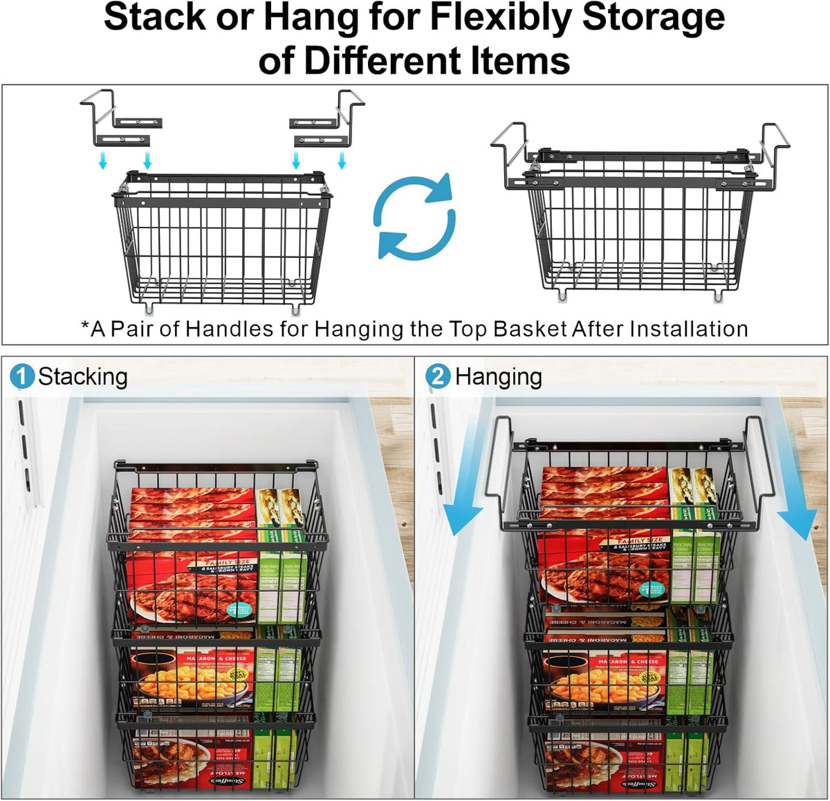 iSPECLE Freezer Organizer Bins - 2 Pcs Hanging Baskets for Deep Freezer, Adjustable Wider & Deeper