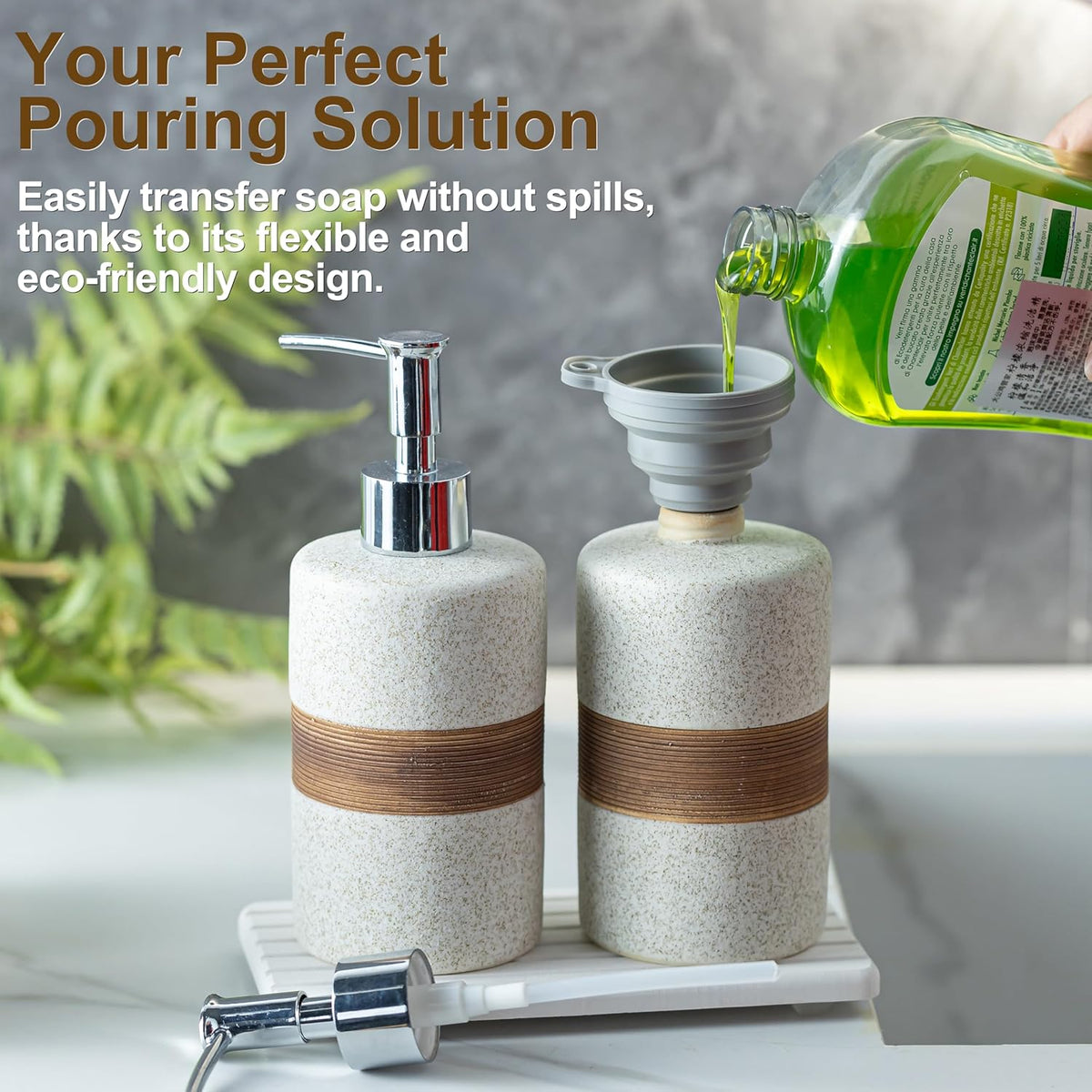 2-Pack Ceramic Soap Dispensers Set, Includes Stainless Steel Pump, Silicone Funnel and Diatomaceous