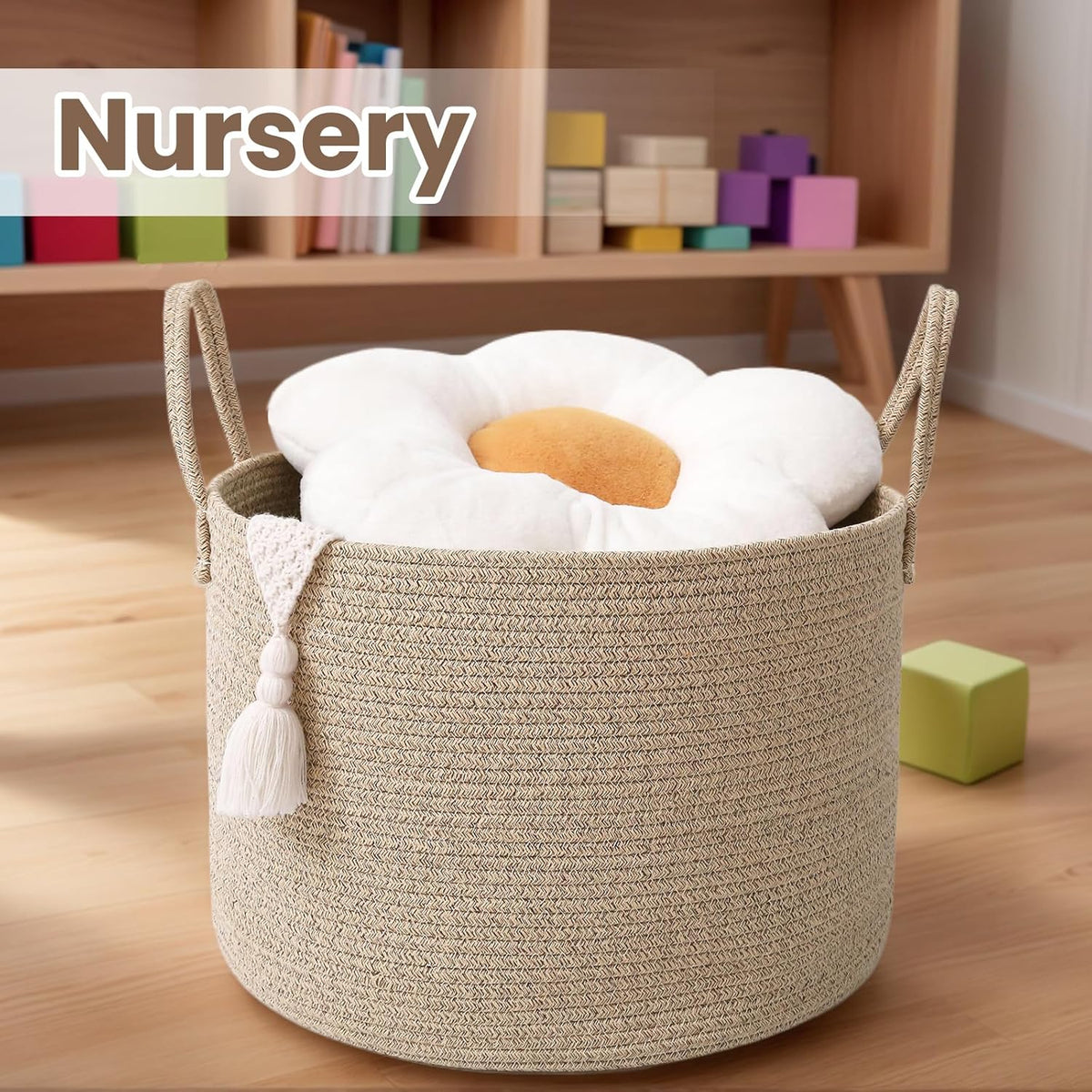 Woven Blanket Basket,65L Large Rope Storage Bin with Handles, Organizer for Blankets Toys Book and