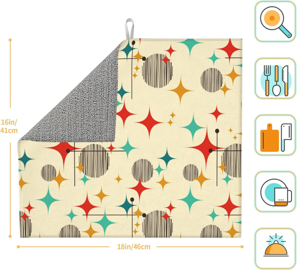 Mid Century Modern Atomic Retro Dish Drying Mat for Kitchen Counter Washable Absorbent Drying Mat