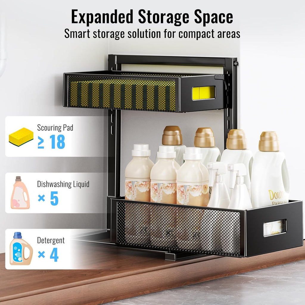 Under Sink Organizer, Silk-Smooth Metal Sliding Drawer Organizers and Storage Rack, Pull Out