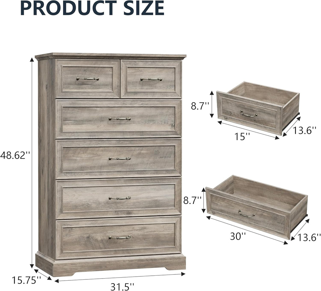 6 Drawer Dresser for Bedroom, 49" Tall Wooden Chest of Drawers, Rustic Farmhouse Dresser with Large