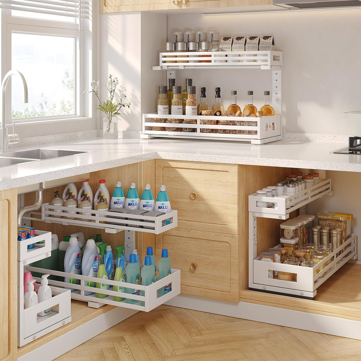 2-Pack 20.47"Deep Under Sink Organizer And Storage,2-Tier L-Shaped Pull Out Cabinet Organizer with