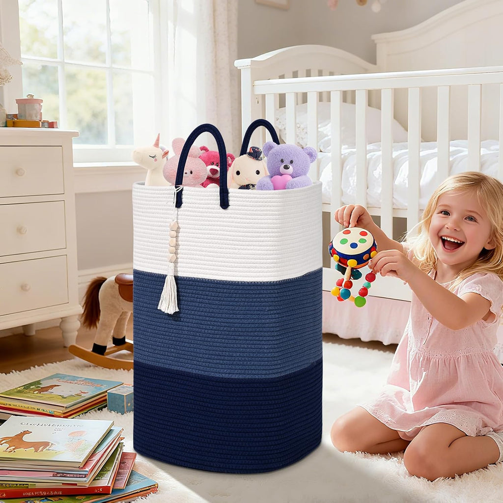 Woven Laundry Basket for Clothes,65 L Large Rectangle Laundry Hampers with Beads Tassel, Nursery