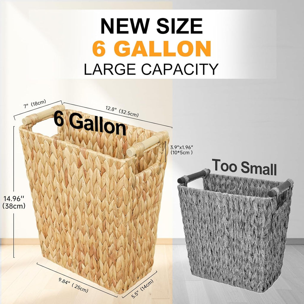 6 Gallon Wicker Trash Can with Wooden Handle,Wicker Waste Basket for Bathroom,Bedroom,Large Narrow
