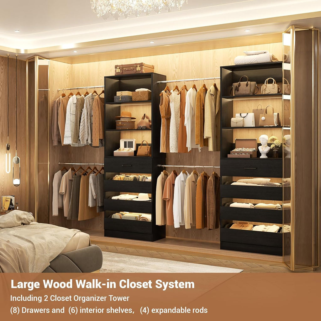 Aheaplus Closet System, 6-15Ft Closet Organizer with 8 Wooden Drawers, Wood Closet Organizer System