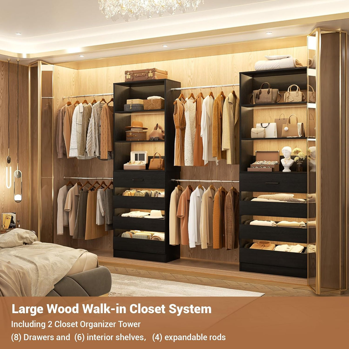 Aheaplus Closet System, 6-15Ft Closet Organizer with 8 Wooden Drawers, Wood Closet Organizer System