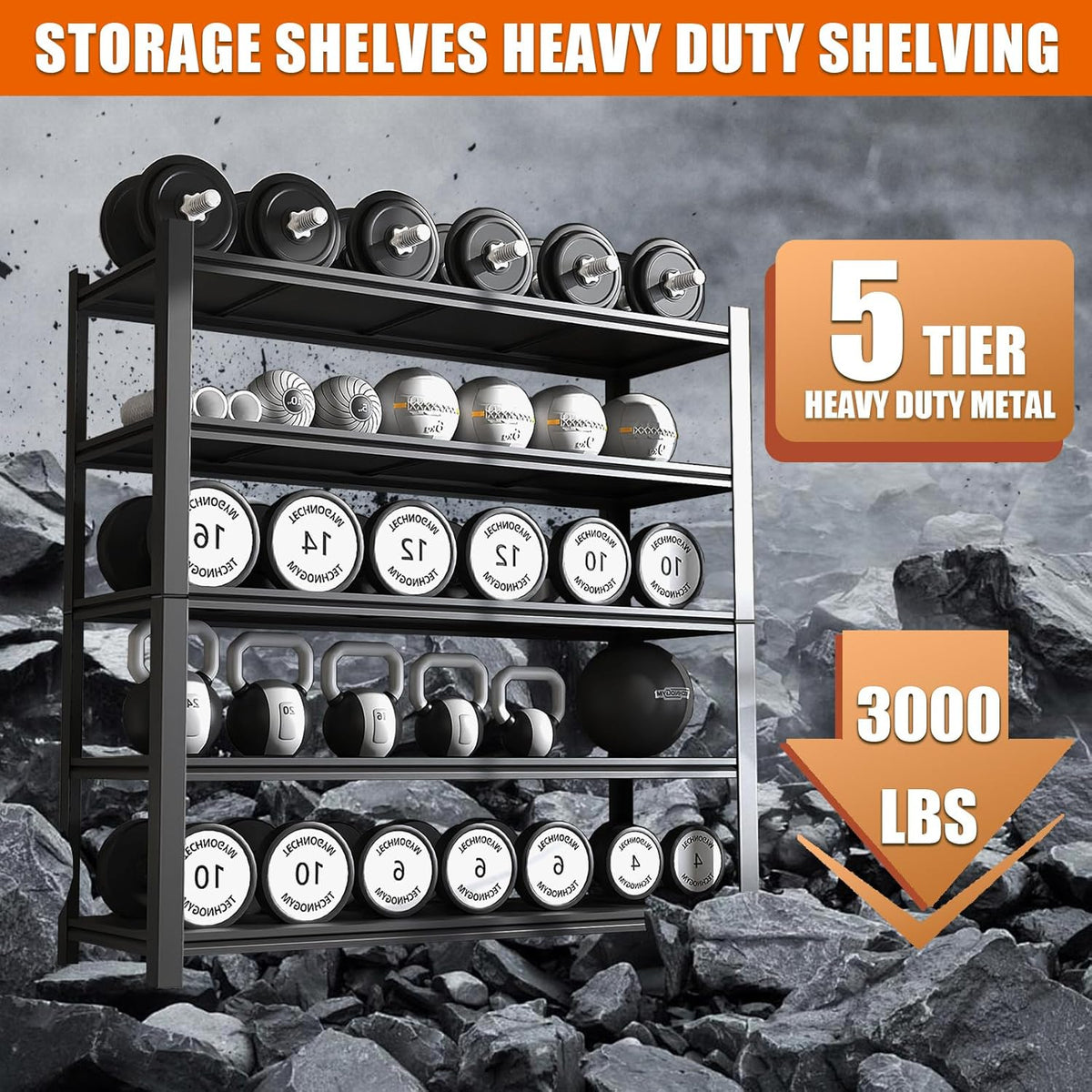 60"W Garage Shelving Heavy Duty Metal Shelving 3000LBS Storage Shelves Adjustable 5 Tier Metal