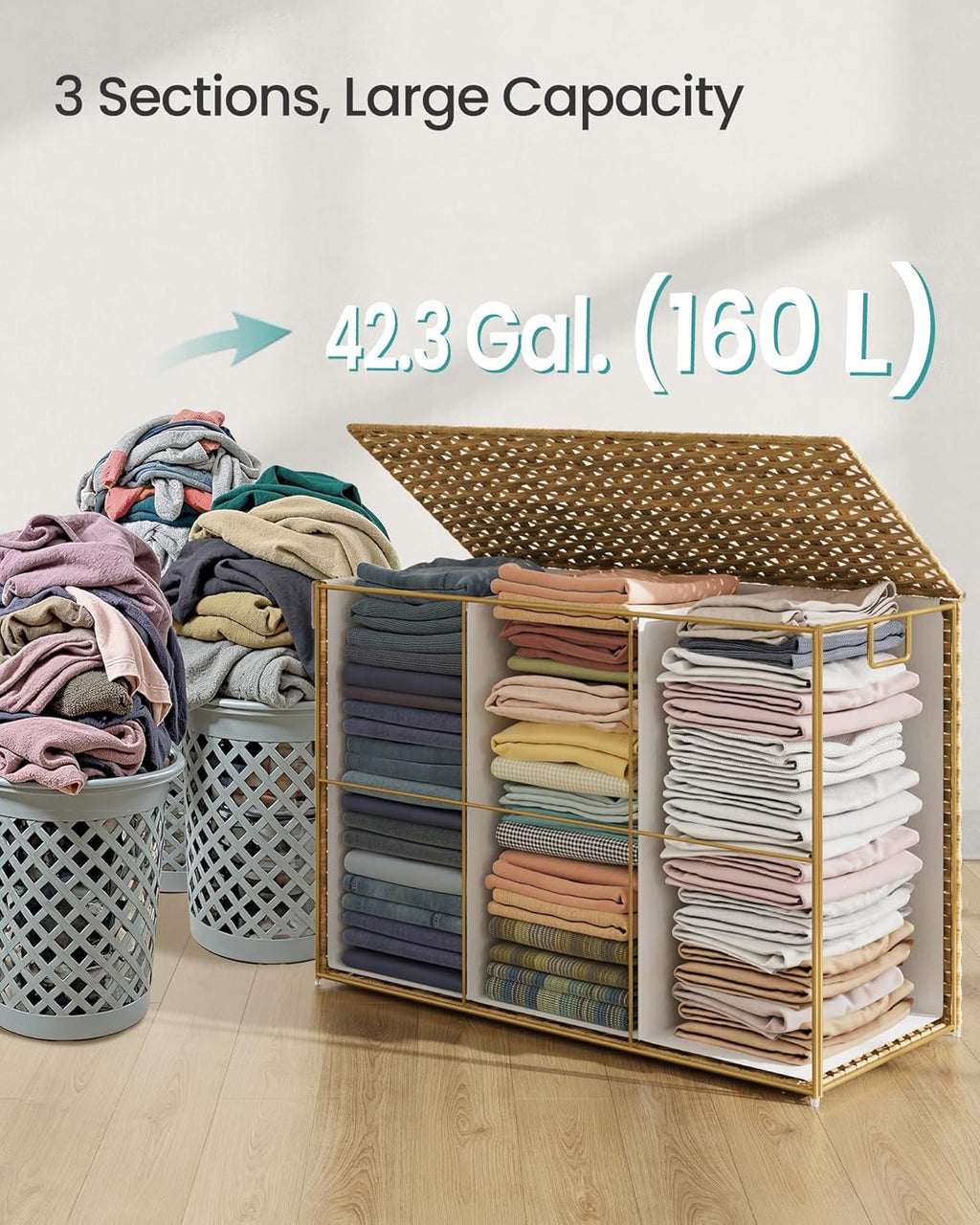 SONGMICS Laundry Hamper with Lid, 160 L Clothes Hamper with 2 Removable Liner Bags, 6 Mesh Bags