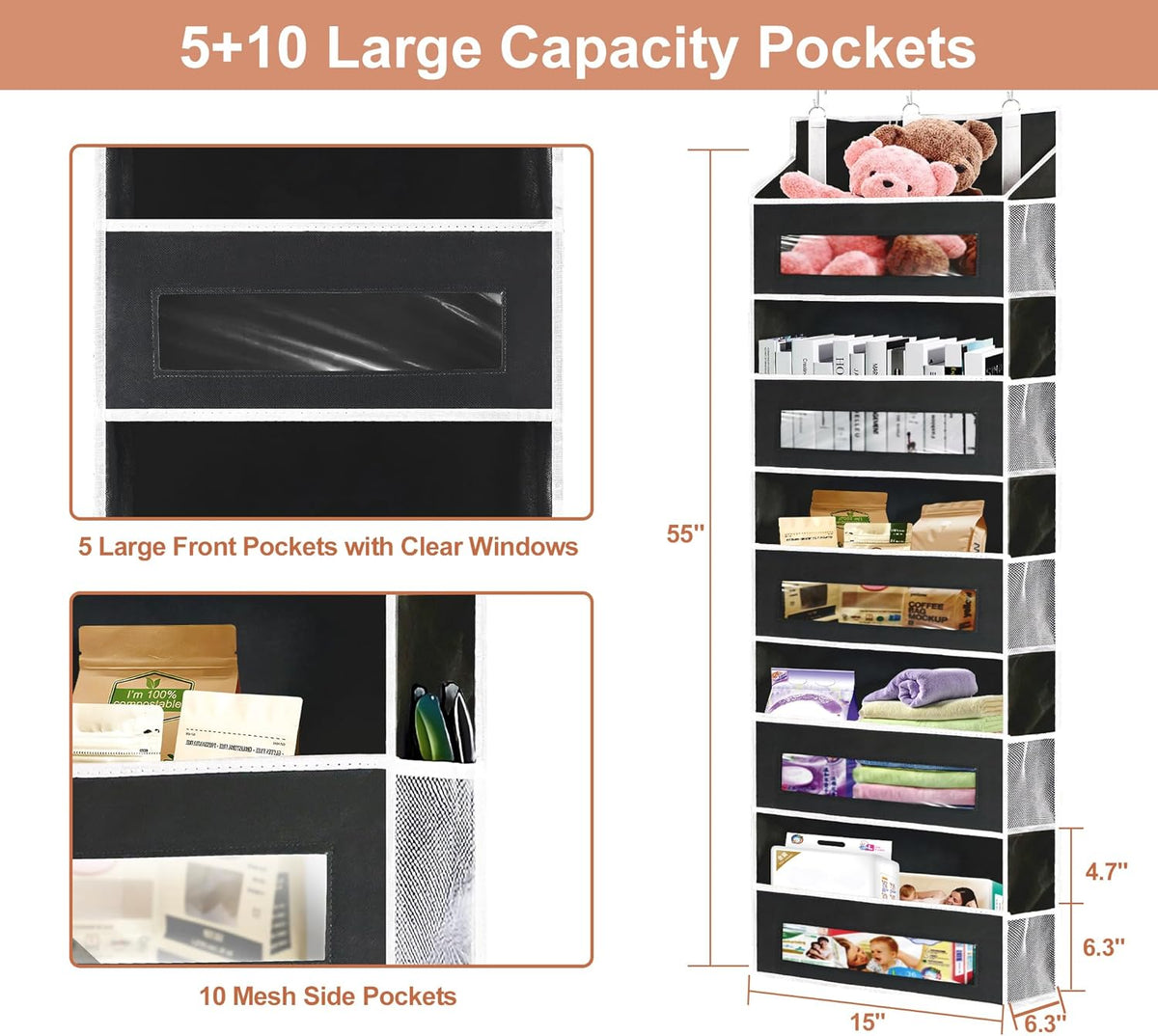 2 Packs 5-Tier Over the Door Storage Organizer with 10 Side Mesh Pockets, 48 lbs Load Capacity, 3